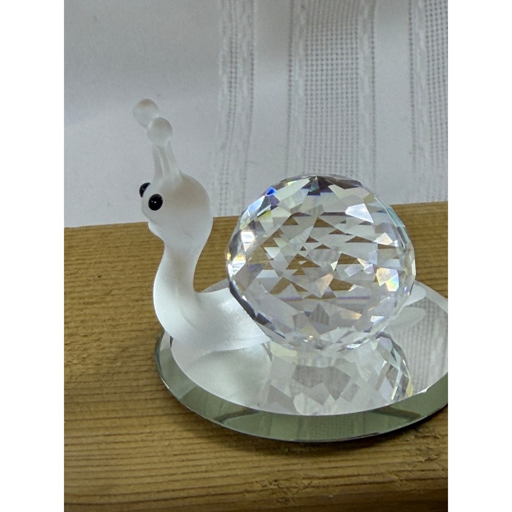 Faceted Crystal Snail Figurine with Frosted Glass Body and Mirror Base